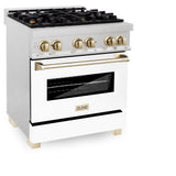 ZLINE Autograph Edition 30 in. 4.0 cu. ft. Legacy Dual Fuel Range with 4 Burner Gas Cooktop and Electric Convection Oven in Satin Stainless Steel with White Matte Door and Polished Gold Accents (RASZ-WM-30-G)