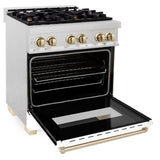 ZLINE Autograph Edition 30 in. 4.0 cu. ft. Legacy Dual Fuel Range with 4 Burner Gas Cooktop and Electric Convection Oven in Satin Stainless Steel with White Matte Door and Polished Gold Accents (RASZ-WM-30-G)
