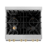 ZLINE Autograph Edition 30 in. 4.0 cu. ft. Legacy Dual Fuel Range with 4 Burner Gas Cooktop and Electric Convection Oven in Satin Stainless Steel with White Matte Door and Polished Gold Accents (RASZ-WM-30-G)