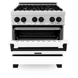 ZLINE Autograph Edition 30 in. 4.0 cu. ft. Legacy Dual Fuel Range with 4 Burner Gas Cooktop and Electric Convection Oven in Satin Stainless Steel with White Matte Door and Matte Black Accents (RASZ-WM-30-MB)