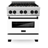 ZLINE Autograph Edition 30 in. 4.0 cu. ft. Legacy Dual Fuel Range with 4 Burner Gas Cooktop and Electric Convection Oven in Satin Stainless Steel with White Matte Door and Matte Black Accents (RASZ-WM-30-MB)