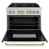 ZLINE Autograph Edition 36 in. 4.6 cu. ft. Legacy Dual Fuel Range with 6 Burner Gas Cooktop and Electric Convection Oven in Satin Stainless Steel with White Matte Door and Polished Gold Accents (RASZ-WM-36-G)