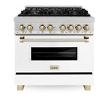 ZLINE Autograph Edition 36 in. 4.6 cu. ft. Legacy Dual Fuel Range with 6 Burner Gas Cooktop and Electric Convection Oven in Satin Stainless Steel with White Matte Door and Polished Gold Accents (RASZ-WM-36-G)