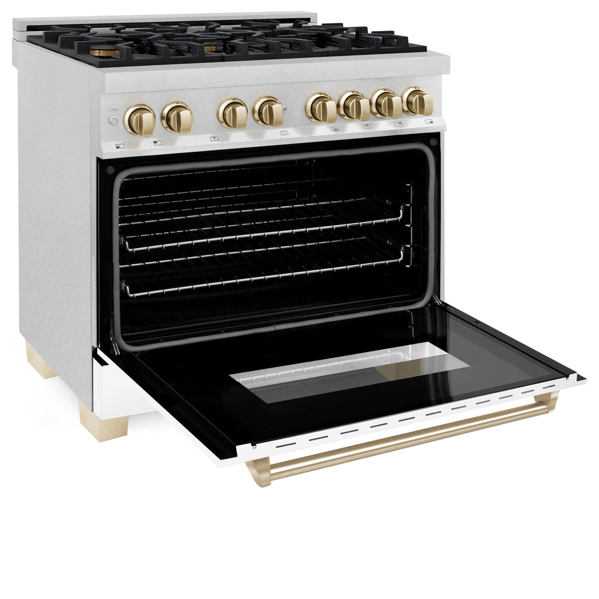 ZLINE Autograph Edition 36 in. 4.6 cu. ft. Legacy Dual Fuel Range with 6 Burner Gas Cooktop and Electric Convection Oven in Satin Stainless Steel with White Matte Door and Polished Gold Accents (RASZ-WM-36-G)
