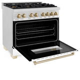 ZLINE Autograph Edition 36 in. 4.6 cu. ft. Legacy Dual Fuel Range with 6 Burner Gas Cooktop and Electric Convection Oven in Satin Stainless Steel with White Matte Door and Polished Gold Accents (RASZ-WM-36-G)