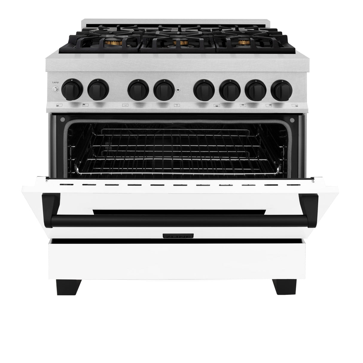 ZLINE Autograph Edition 36 in. 4.6 cu. ft. Legacy Dual Fuel Range with 6 Burner Gas Cooktop and Electric Convection Oven in Satin Stainless Steel with White Matte Door and Matte Black Accents (RASZ-WM-36-MB)
