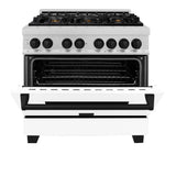 ZLINE Autograph Edition 36 in. 4.6 cu. ft. Legacy Dual Fuel Range with 6 Burner Gas Cooktop and Electric Convection Oven in Satin Stainless Steel with White Matte Door and Matte Black Accents (RASZ-WM-36-MB)