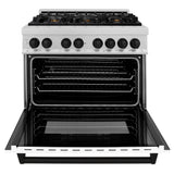 ZLINE Autograph Edition 36 in. 4.6 cu. ft. Legacy Dual Fuel Range with 6 Burner Gas Cooktop and Electric Convection Oven in Satin Stainless Steel with White Matte Door and Matte Black Accents (RASZ-WM-36-MB)