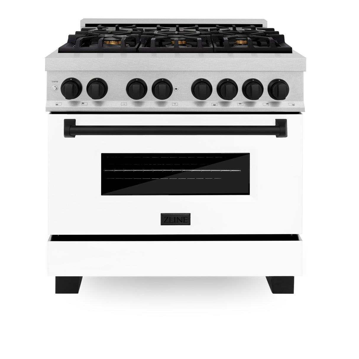ZLINE Autograph Edition 36 in. 4.6 cu. ft. Legacy Dual Fuel Range with 6 Burner Gas Cooktop and Electric Convection Oven in Satin Stainless Steel with White Matte Door and Matte Black Accents (RASZ-WM-36-MB)