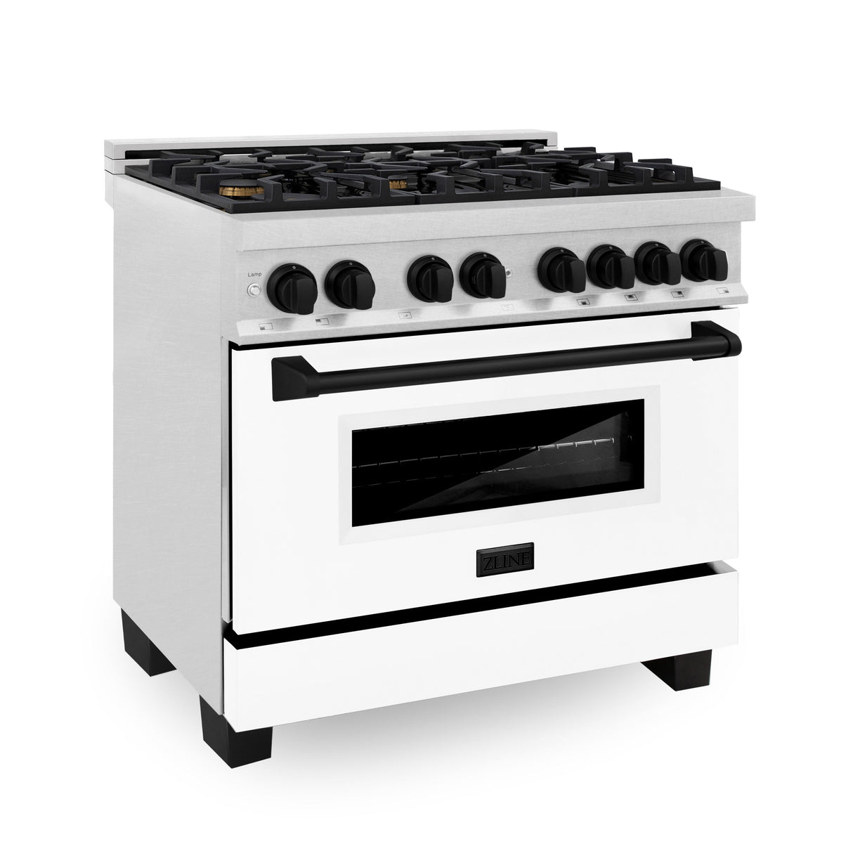 ZLINE Autograph Edition 36 in. 4.6 cu. ft. Legacy Dual Fuel Range with 6 Burner Gas Cooktop and Electric Convection Oven in Satin Stainless Steel with White Matte Door and Matte Black Accents (RASZ-WM-36-MB)