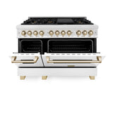 ZLINE Autograph Edition 48 in. 6.0 cu. ft. Legacy Dual Fuel Range with 7 Burner Gas Cooktop and 2 Electric Ovens in Satin Stainless Steel with White Matte Doors and Polished Gold Accents (RASZ-WM-48-G)