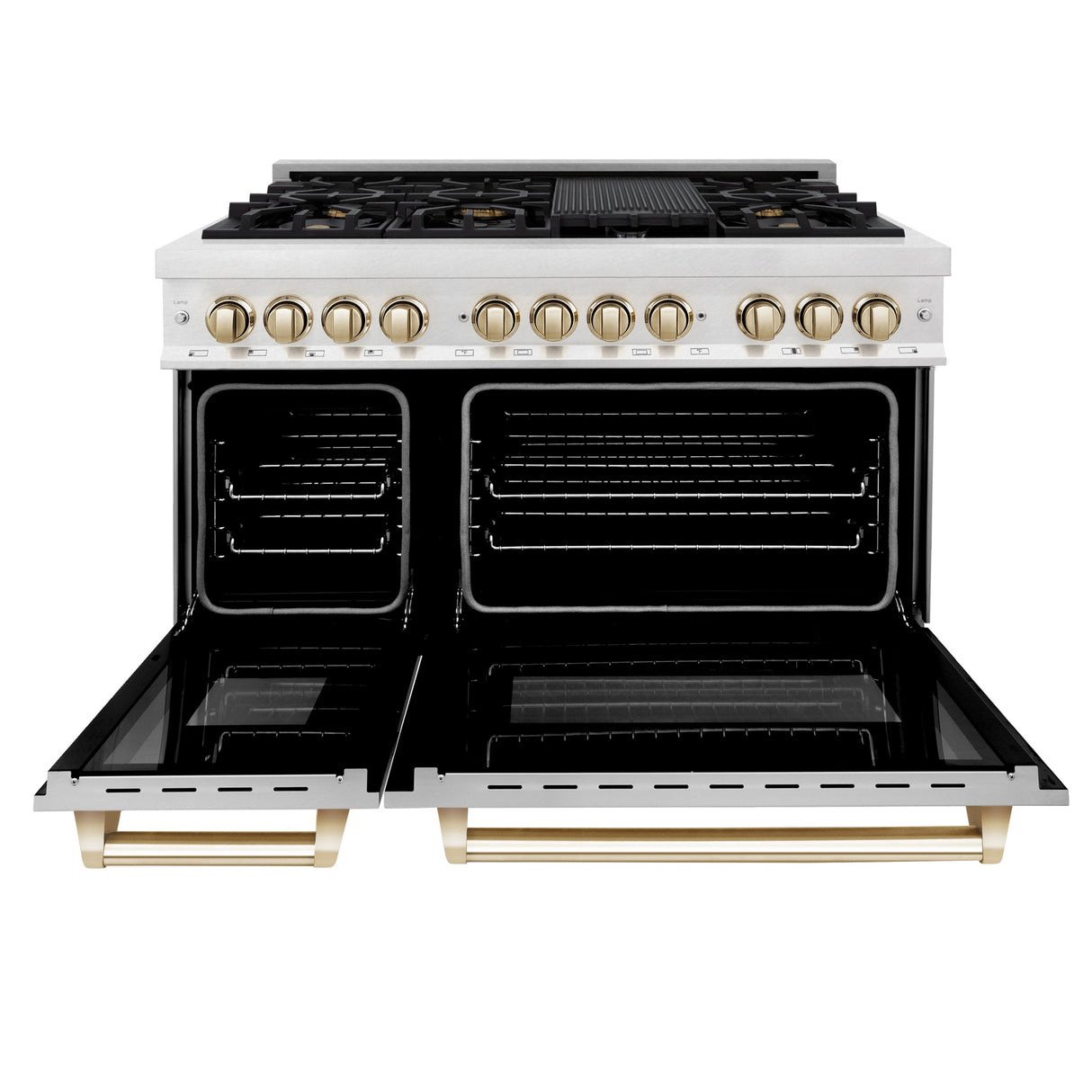 ZLINE Autograph Edition 48 in. 6.0 cu. ft. Legacy Dual Fuel Range with 7 Burner Gas Cooktop and 2 Electric Ovens in Satin Stainless Steel with White Matte Doors and Polished Gold Accents (RASZ-WM-48-G)