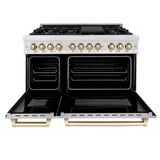 ZLINE Autograph Edition 48 in. 6.0 cu. ft. Legacy Dual Fuel Range with 7 Burner Gas Cooktop and 2 Electric Ovens in Satin Stainless Steel with White Matte Doors and Polished Gold Accents (RASZ-WM-48-G)