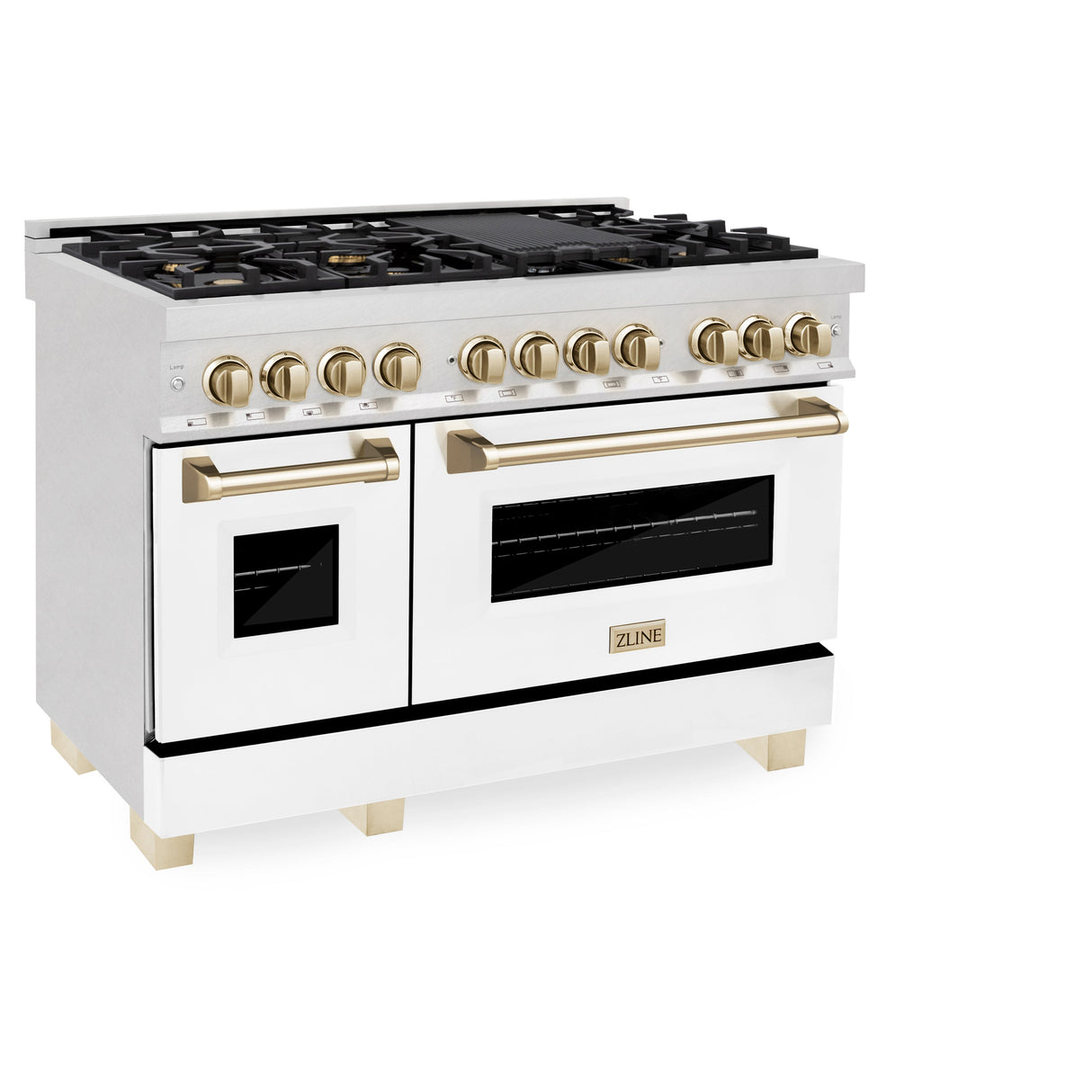 ZLINE Autograph Edition 48 in. 6.0 cu. ft. Legacy Dual Fuel Range with 7 Burner Gas Cooktop and 2 Electric Ovens in Satin Stainless Steel with White Matte Doors and Polished Gold Accents (RASZ-WM-48-G)