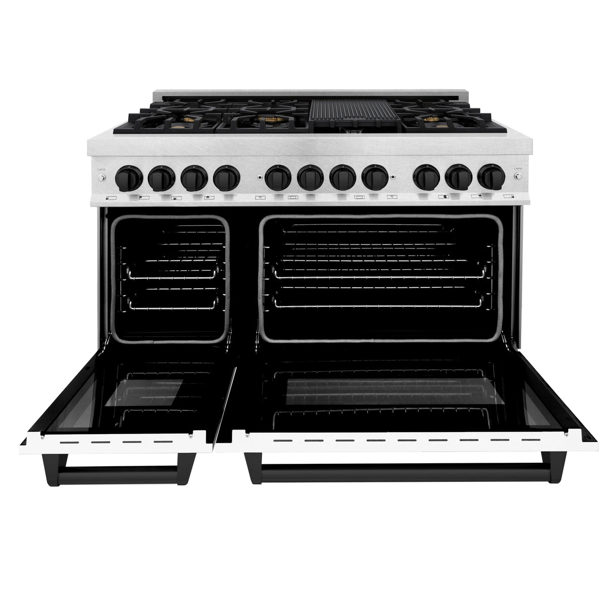 ZLINE Autograph Edition 48 in. 6.0 cu. ft. Legacy Dual Fuel Range with 7 Burner Gas Cooktop and 2 Electric Ovens in Satin Stainless Steel with White Matte Doors and Matte Black Accents (RASZ-WM-48-MB)