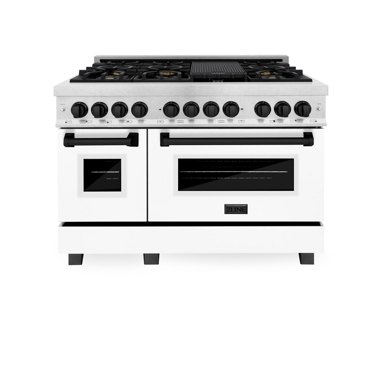 ZLINE Autograph Edition 48 in. 6.0 cu. ft. Legacy Dual Fuel Range with 7 Burner Gas Cooktop and 2 Electric Ovens in Satin Stainless Steel with White Matte Doors and Matte Black Accents (RASZ-WM-48-MB)