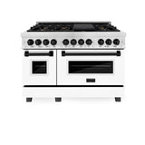ZLINE Autograph Edition 48 in. 6.0 cu. ft. Legacy Dual Fuel Range with 7 Burner Gas Cooktop and 2 Electric Ovens in Satin Stainless Steel with White Matte Doors and Matte Black Accents (RASZ-WM-48-MB)