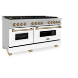 ZLINE Autograph Edition 60 in. 7.4 cu. ft. Legacy Dual Fuel Range with 9 Burner Gas Cooktop and 2 Electric Convection Ovens in Satin Stainless Steel with White Matte Doors and Champagne Bronze Accents (RASZ-WM-60-CB)