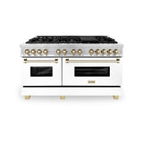 ZLINE Autograph Edition 60 in. 7.4 cu. ft. Legacy Dual Fuel Range with 9 Burner Gas Cooktop and 2 Electric Convection Ovens in Satin Stainless Steel with White Matte Doors and Polished Gold Accents (RASZ-WM-60-G)