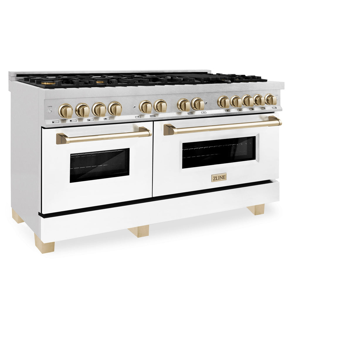 ZLINE Autograph Edition 60 in. 7.4 cu. ft. Legacy Dual Fuel Range with 9 Burner Gas Cooktop and 2 Electric Convection Ovens in Satin Stainless Steel with White Matte Doors and Polished Gold Accents (RASZ-WM-60-G)