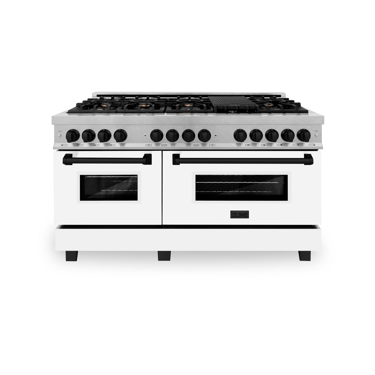 ZLINE Autograph Edition 60 in. 7.4 cu. ft. Legacy Dual Fuel Range with 9 Burner Gas Cooktop and 2 Electric Convection Ovens in Satin Stainless Steel with White Matte Doors and Matte Black Accents (RASZ-WM-60-MB)
