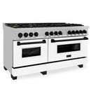 ZLINE Autograph Edition 60 in. 7.4 cu. ft. Legacy Dual Fuel Range with 9 Burner Gas Cooktop and 2 Electric Convection Ovens in Satin Stainless Steel with White Matte Doors and Matte Black Accents (RASZ-WM-60-MB)