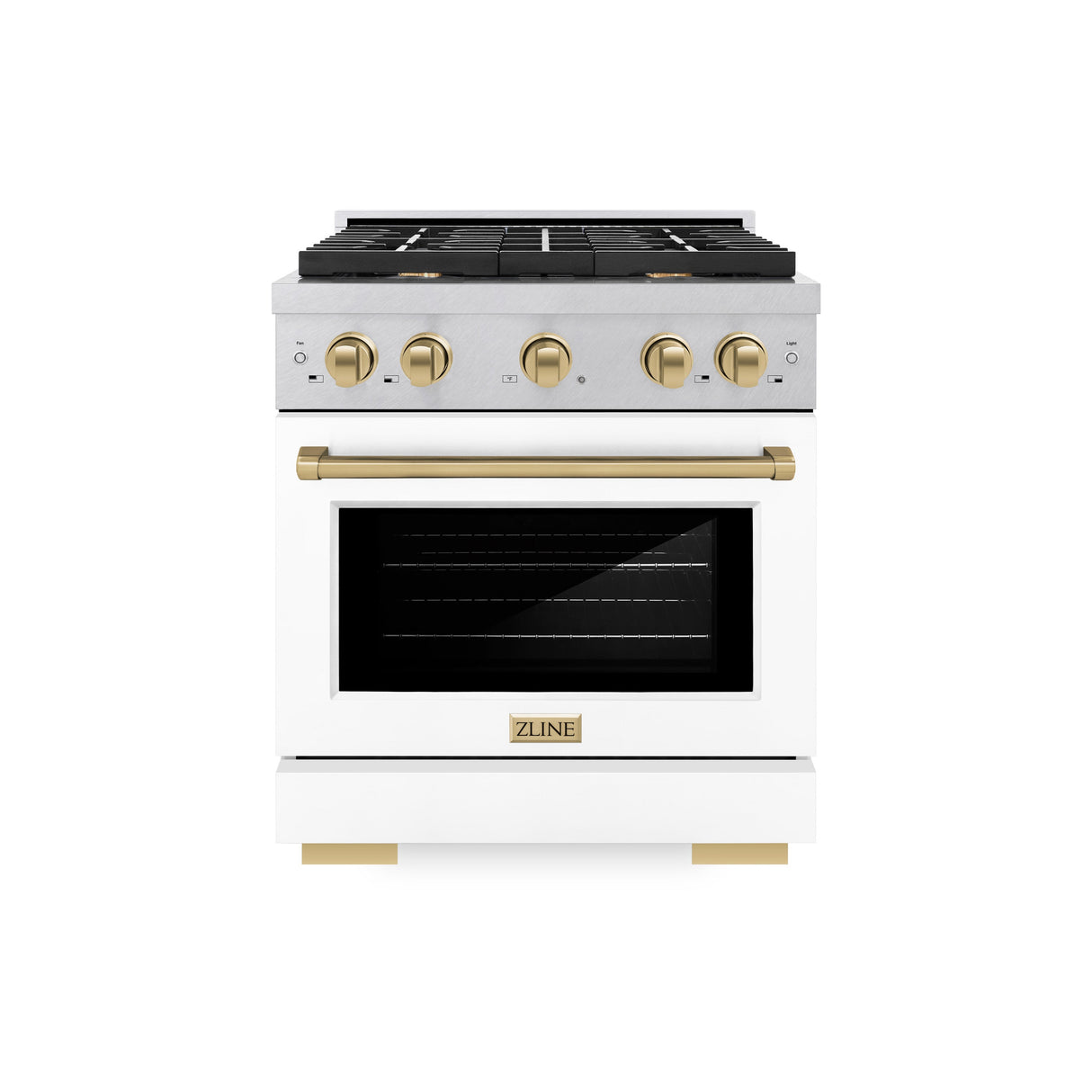 ZLINE Autograph Edition 30 in. 4.2 cu. ft. Paramount Dual Fuel Range with 4 Burner Gas Cooktop and Electric Convection Oven in Satin Stainless Steel with White Matte Door and Champagne Bronze Accents (SDRSZ-WM-30-CB)