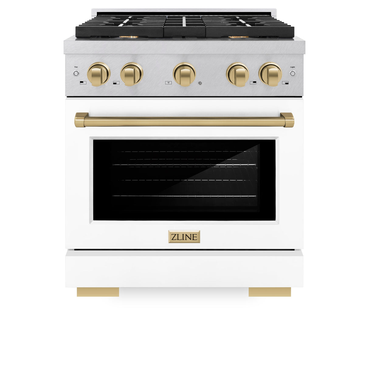 ZLINE Autograph Edition 30 in. 4.2 cu. ft. Paramount Dual Fuel Range with 4 Burner Gas Cooktop and Electric Convection Oven in Satin Stainless Steel with White Matte Door and Champagne Bronze Accents (SDRSZ-WM-30-CB)