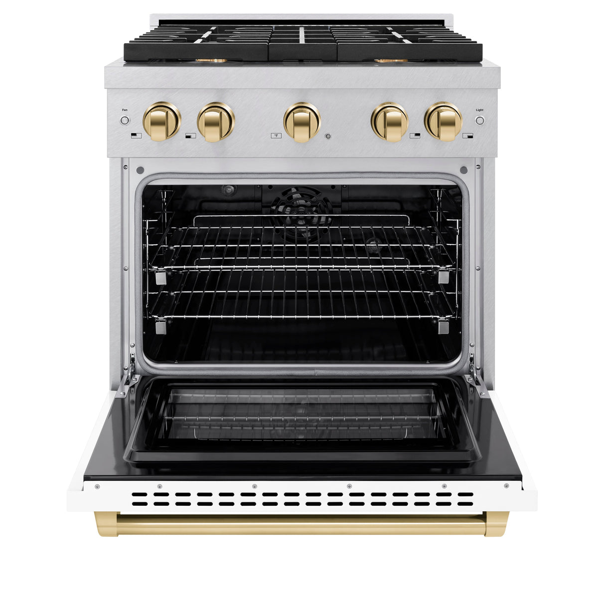 ZLINE Autograph Edition 30 in. 4.2 cu. ft. Paramount Dual Fuel Range with 4 Burner Gas Cooktop and Electric Convection Oven in Satin Stainless Steel with White Matte Door and Polished Gold Accents (SDRSZ-WM-30-G)