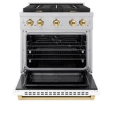 ZLINE Autograph Edition 30 in. 4.2 cu. ft. Paramount Dual Fuel Range with 4 Burner Gas Cooktop and Electric Convection Oven in Satin Stainless Steel with White Matte Door and Polished Gold Accents (SDRSZ-WM-30-G)