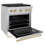 ZLINE Autograph Edition 30 in. 4.2 cu. ft. Paramount Dual Fuel Range with 4 Burner Gas Cooktop and Electric Convection Oven in Satin Stainless Steel with White Matte Door and Polished Gold Accents (SDRSZ-WM-30-G)