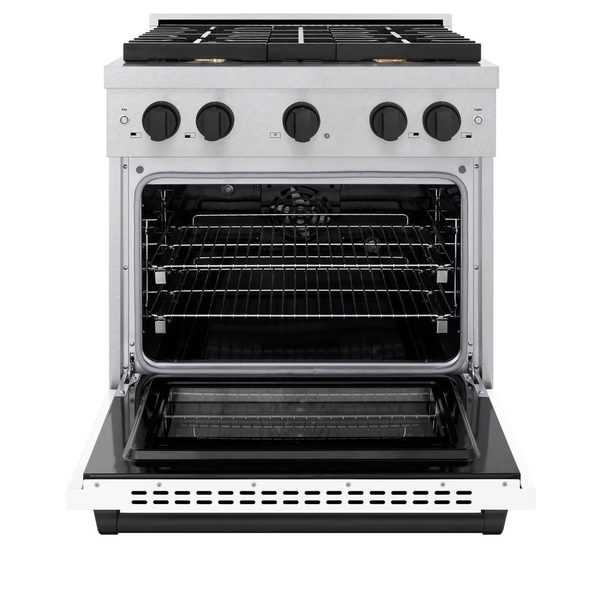 ZLINE Autograph Edition 30 in. 4.2 cu. ft. Paramount Dual Fuel Range with 4 Burner Gas Cooktop and Electric Convection Oven in Satin Stainless Steel with White Matte Door and Matte Black Accents (SDRSZ-WM-30-MB)