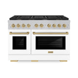 ZLINE Autograph Edition 48 in. 6.7 cu. ft. Paramount Double Oven Dual Fuel Range with 8 Burner Gas Cooktop in Satin Stainless Steel with White Matte Doors and Champagne Bronze Accents (SDRSZ-WM-48-CB)