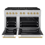 ZLINE Autograph Edition 48 in. 6.7 cu. ft. Paramount Double Oven Dual Fuel Range with 8 Burner Gas Cooktop in Satin Stainless Steel with White Matte Doors and Champagne Bronze Accents (SDRSZ-WM-48-CB)