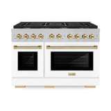 ZLINE Autograph Edition 48 in. 6.7 cu. ft. Paramount Double Oven Dual Fuel Range with 8 Burner Gas Cooktop in Satin Stainless Steel with White Matte Doors and Polished Gold Accents (SDRSZ-WM-48-G)