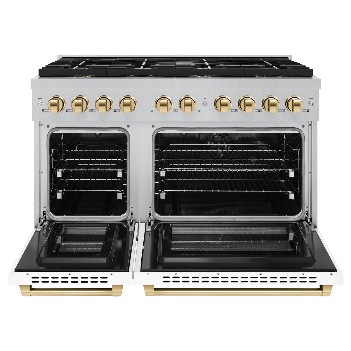 ZLINE Autograph Edition 48 in. 6.7 cu. ft. Paramount Double Oven Dual Fuel Range with 8 Burner Gas Cooktop in Satin Stainless Steel with White Matte Doors and Polished Gold Accents (SDRSZ-WM-48-G)