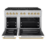 ZLINE Autograph Edition 48 in. 6.7 cu. ft. Paramount Double Oven Dual Fuel Range with 8 Burner Gas Cooktop in Satin Stainless Steel with White Matte Doors and Polished Gold Accents (SDRSZ-WM-48-G)