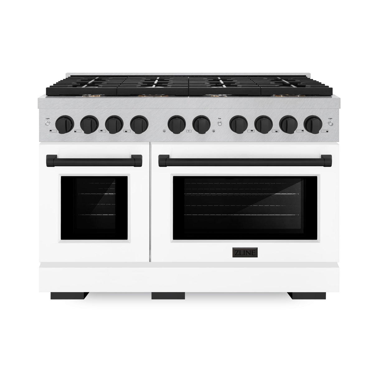 ZLINE Autograph Edition 48 in. 6.7 cu. ft. Paramount Double Oven Dual Fuel Range with 8 Burner Gas Cooktop in Satin Stainless Steel with White Matte Doors and Matte Black Accents (SDRSZ-WM-48-MB)