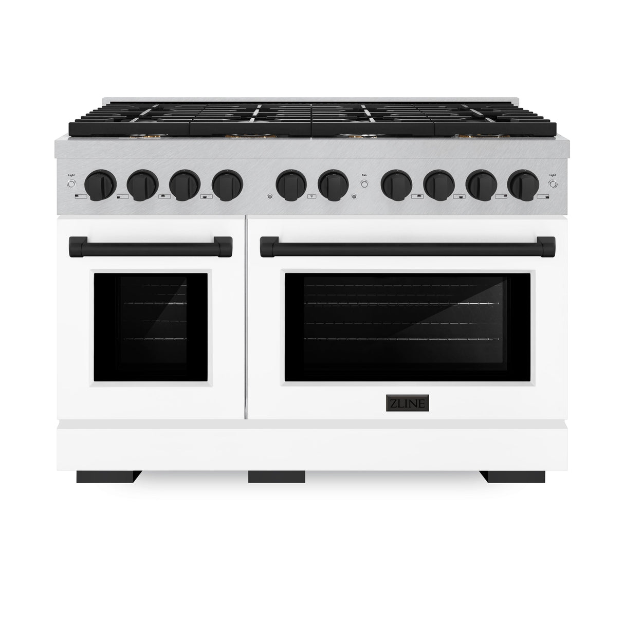ZLINE Autograph Edition 48 in. 6.7 cu. ft. Paramount Double Oven Dual Fuel Range with 8 Burner Gas Cooktop in Satin Stainless Steel with White Matte Doors and Matte Black Accents (SDRSZ-WM-48-MB)