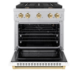 ZLINE Autograph Edition 30 in. 4.2 cu. ft. Paramount Gas Range with 4 Burner Cooktop and Convection Gas Oven in Satin Stainless Steel with White Matte Door and Polished Gold Accents (SGRSZ-WM-30-G)