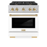 ZLINE Autograph Edition 30 in. 4.2 cu. ft. Paramount Gas Range with 4 Burner Cooktop and Convection Gas Oven in Satin Stainless Steel with White Matte Door and Polished Gold Accents (SGRSZ-WM-30-G)