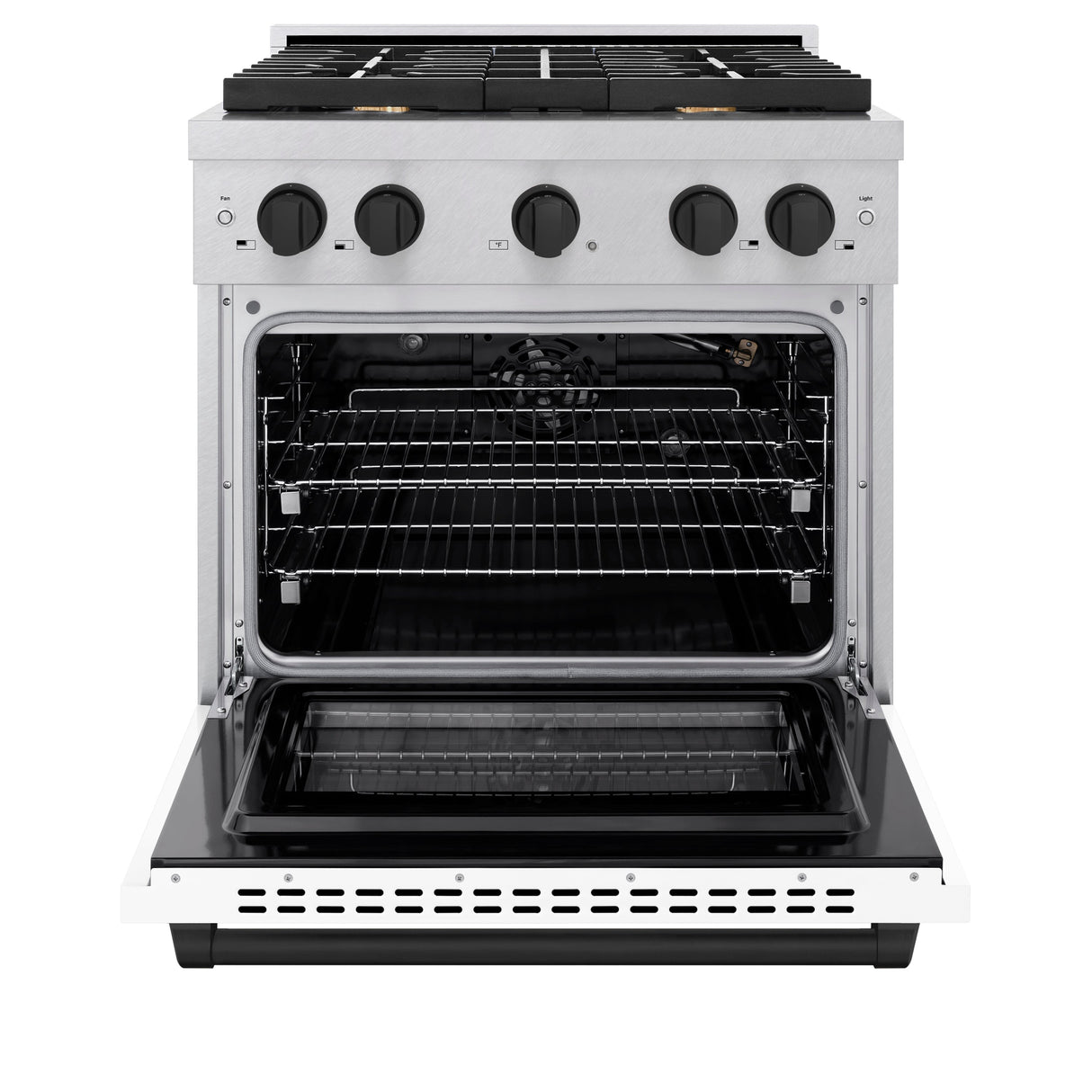 ZLINE Autograph Edition 30 in. 4.2 cu. ft. Paramount Gas Range with 4 Burner Cooktop and Convection Gas Oven in Satin Stainless Steel with White Matte Door and Matte Black Accents (SGRSZ-WM-30-MB)