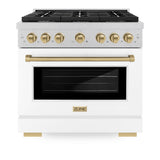 ZLINE Autograph Edition 36 in. 5.2 cu. ft. Paramount Gas Range with 6 Burner Cooktop and Convection Gas Oven in Satin Stainless Steel with White Matte Door and Champagne Bronze Accents (SGRSZ-WM-36-CB)