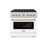 ZLINE Autograph Edition 36 in. 5.2 cu. ft. Paramount Gas Range with 6 Burner Cooktop and Convection Gas Oven in Satin Stainless Steel with White Matte Door and Polished Gold Accents (SGRSZ-WM-36-G)