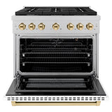 ZLINE Autograph Edition 36 in. 5.2 cu. ft. Paramount Gas Range with 6 Burner Cooktop and Convection Gas Oven in Satin Stainless Steel with White Matte Door and Polished Gold Accents (SGRSZ-WM-36-G)
