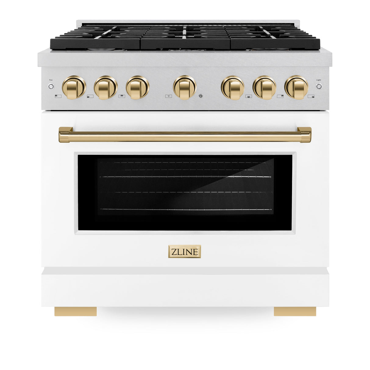 ZLINE Autograph Edition 36 in. 5.2 cu. ft. Paramount Gas Range with 6 Burner Cooktop and Convection Gas Oven in Satin Stainless Steel with White Matte Door and Polished Gold Accents (SGRSZ-WM-36-G)