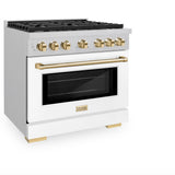ZLINE Autograph Edition 36 in. 5.2 cu. ft. Paramount Gas Range with 6 Burner Cooktop and Convection Gas Oven in Satin Stainless Steel with White Matte Door and Polished Gold Accents (SGRSZ-WM-36-G)