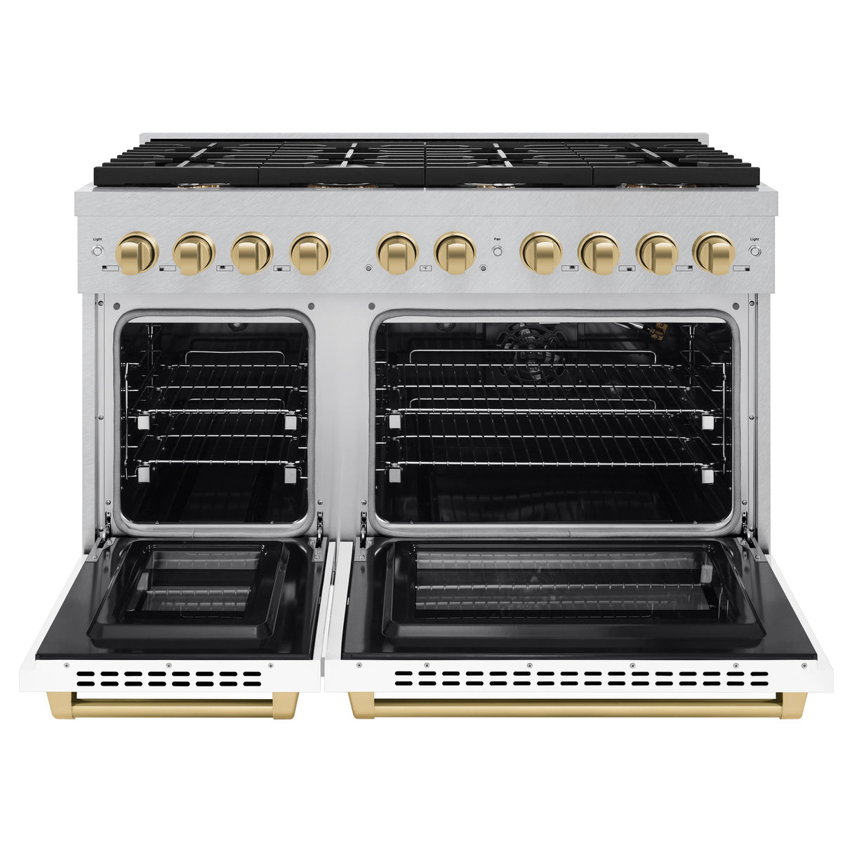 ZLINE Autograph Edition 48 in. 6.7 cu. ft. Paramount Double Oven Gas Range with 8 Burner Cooktop in Satin Stainless Steel with White Matte Doors and Champagne Bronze Accents (SGRSZ-WM-48-CB)