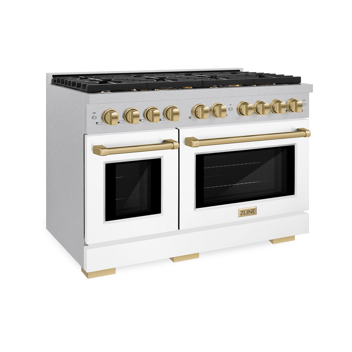 ZLINE Autograph Edition 48 in. 6.7 cu. ft. Paramount Double Oven Gas Range with 8 Burner Cooktop in Satin Stainless Steel with White Matte Doors and Champagne Bronze Accents (SGRSZ-WM-48-CB)