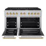 ZLINE Autograph Edition 48 in. 6.7 cu. ft. Paramount Double Oven Gas Range with 8 Burner Cooktop in Satin Stainless Steel with White Matte Doors and Polished Gold Accents (SGRSZ-WM-48-G)